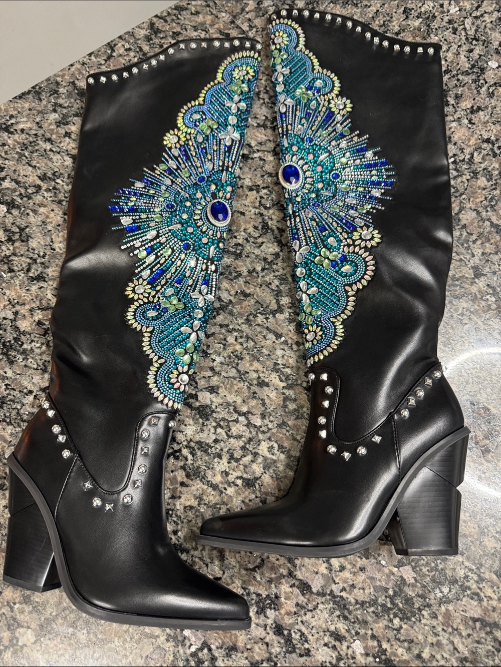 Azalea Wang Over-the-Knee Boots Blue Peacock design and Stud Details NEW 6 - Picture 3 of 17